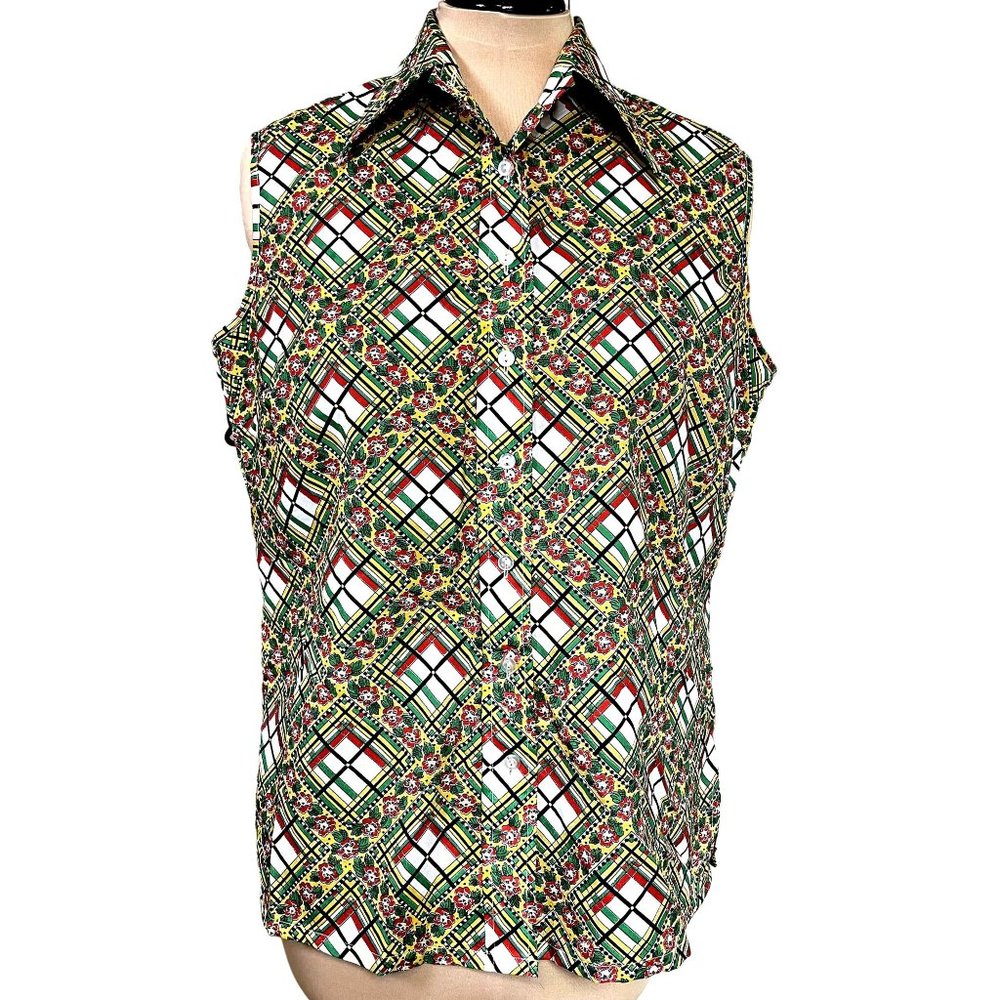 70s Vintage Kmart Lightweight Floral Plaid Button Front Sleeveless Blouse XL